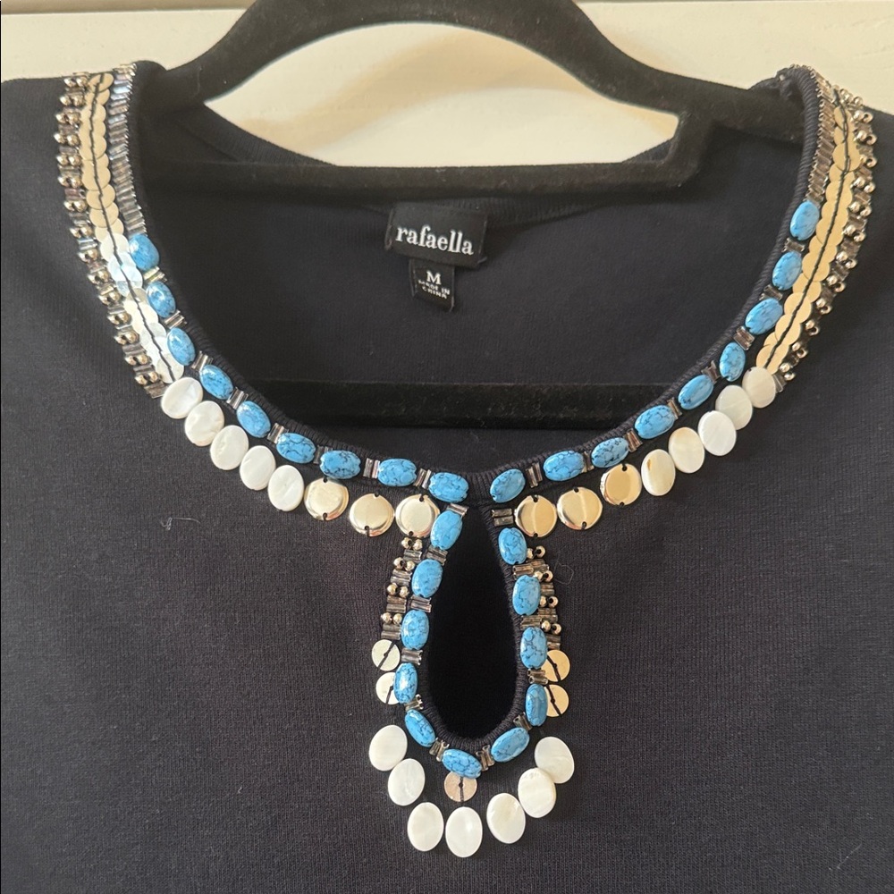 Elegant Black Sleeveless Top with Turquoise Beaded Neckline size m - Picture 3 of 4